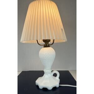 Vintage White Milk Glass Hubnail Table Lamps With Plastic Shade